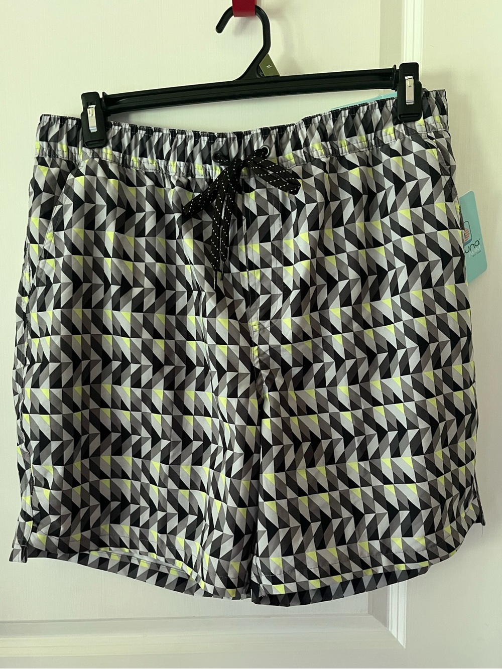 NWT Laguna Geometric Print Drawstring Swim Shorts - Black, Gray & Yellow, XL